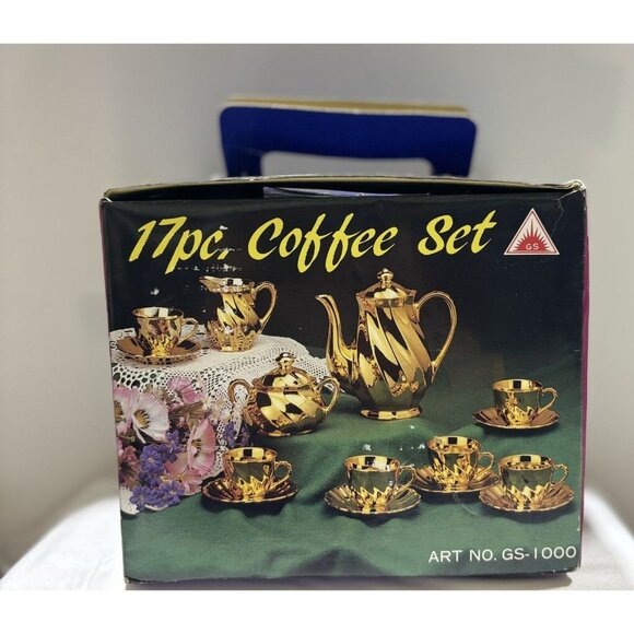 Vintage Gold Porcelain Demitasse Tea Set Service For 6, NEW in box! Rare - Picture 3 of 4